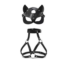 Nxy Bdsm Leather Sex Costume Restraint Bra Collor Mask for Women Adult Games