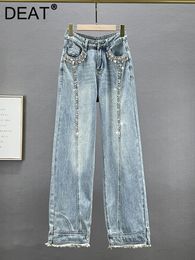 Women s Jeans DEAT Diamond Spliced High Waist Long Loose Straight Wide Leg Burrs Denim Pants 2023 Autumn Fashion 29L2711 230920