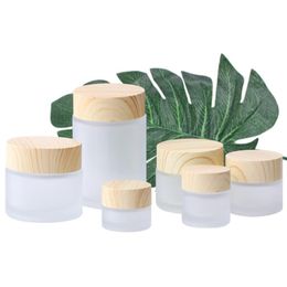 5g 10g 15g 30g 50g 100g Empty Frost Glass Cream Jar with Wooden Lids Cap Glass Bottle Cosmetic Container Jar box ZZ