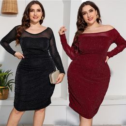 Plus size Dresses Elegant 4XL 5XL Plussize Dress Oneshoulder Cutout Drill Kneehigh Long Sleeve Sexy Ruffled Wrap Hip Perspective Design 230920