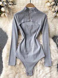 Women's Jumpsuits Rompers Syiwidii Bodysuits Women Fall Winter Hollow Out Turtlenecks Zipper Long Sleeves Slim Casual French Style Bodysuits 230920