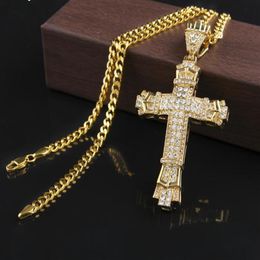 New Retro Silver Cross Charm Pendant Full Ice Out CZ Simulated Diamonds Catholic Crucifix Pendant Necklace With Long Cuban Chain G214n