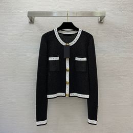 2023 Autumn Black Sliver Contrast Trim Knitted Cardigan Sweater Long Sleeve Round Neck Double Pockets Single-Breasted Sweaters Coats B3S201409