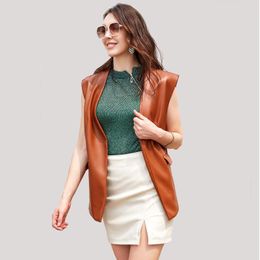 Women's Leather Sleeveless PU Waistcoat Solid Colour Loose Collarless Women Temperament Commuting Black Vest