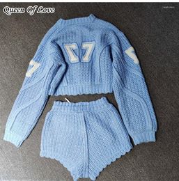 Women's Two Piece Pants 2023 Fashion Runway Knitted Blue Shorts Suit Casual 2 Set Women Zipper Sweater Tops And Drawstring Short Pant Outfit