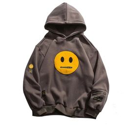Zipper Pocket Smile Face Patchwork Fleece Hoodies Sweatshirts Streetwear Spring and Autumn Womens Mens Hip Hop Casual Pullover Hooded Male Tops