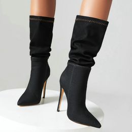 Boots 2023 Fashion Plaeted Denim Women Seyx Thin High Heel Calf Slip On Autumn Winter Pointed Toe Ladies H 230921