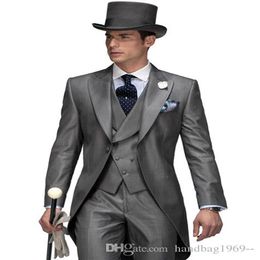One Button Morning Style Suit Shiny Grey Groom Tailcoat Peak Lapel Mens Wedding Party Suits 3 Pieces Blazer Jacket Pants Vest Tie281I