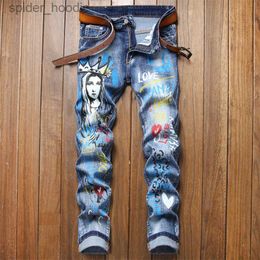 Men's Jeans Mens Trendy Printing Decors Denim Pants High Quality Slim-fit Stretch Jeans Street Fashion Sexy Blue Jeans Daily Casual Jeans L230921