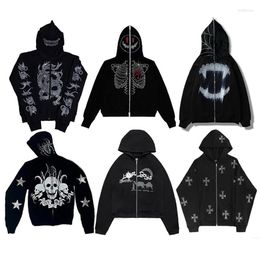 Men's Hoodies Y2K Rhinestone Skeleton Women Gothic Black Zip Up Oversized Sweatshirts Autumn Female Harajuku Hooded Jacket St196d