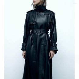 Giacca in pelle da donna Autunno Inverno con cintura Cappotto in finta giacca a vento in PU nero alla moda Elegante soprabito da donna W797