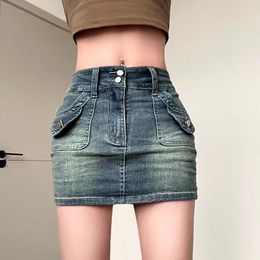 Skirts 2023 Street Style High Waist Straight Cargo Skirt Korean Fashion Chic Elegant Pockets Denim Vintage Grunge Outfit Y2k