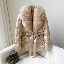 Womens Fur Faux Fur Selling Winter Fashion Big Fur Collar Goose Down Waist Retraction Slim Fit Womens Mid Length Down Coat 230920