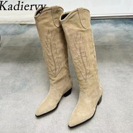 Boots Suede Leather Knee High Woman Pointed Toe Long Square Heels Shoes Women Embroidery Western Cowboy 230921