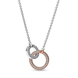 Signature Two tone Intertwined Circles Necklace Authentic 925 Sterling Silver With Clear Cubic Zirconia DIY Fine Jewelry Necklace 382778C01-45