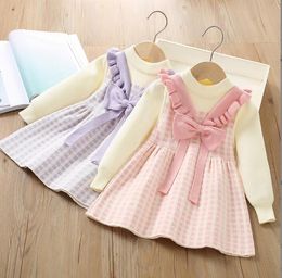 Cute Baby Girls Princess Dresses With Bowknot Kids Long Sleeve Dress Children Knitted Dress 2-7 Years