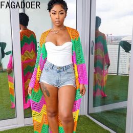 Women's Knits Tees FAGADOER Hollow Knit Summer Cardigans Boho Style Beach Cover Ups with Belt Women Crochet Open Stitch Full Sleeve Long Robe Tunic 230920