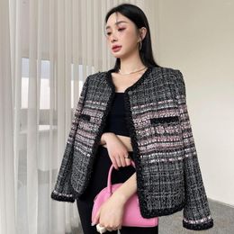 Women's Jackets Fall 2023 Vintage Woven Tweed Beaded Chain Lace Socialite Coat