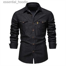 Men's Dress Shirts Elastic Cotton Denim Shirt High Quality Men Long Sleeve Solid Color Pocket Shirts for Men Casual Slim Fit Mens Designer Clothing L230921