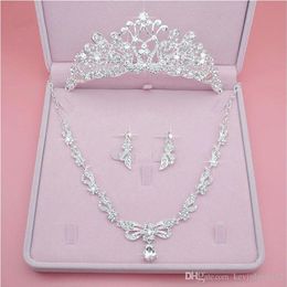 Silver Wedding Bridal Rhinestone Tiara Crown Necklace Earrings Crystal Peacock Women Party Jewelry Sets Hair Accessories Three Pie2580
