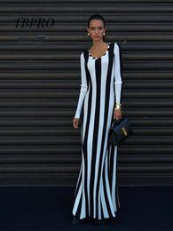 Basic Casual Dresses Elegant Contrast Vertical Stripe Long Sleeve Slim Maxi Dress Womens Fashion Street Wear Chic Female Vestido 230921