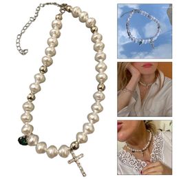 Chains Irregular Imitation Pearls Necklace Elegant Jewelry For Rhinestone Cross Crystal Pendant Choker Women 40GB