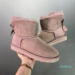 Women Mini Winter Boots Luxury Classic Single Ribbon Bow Low Barrel Snow Boot Rubber Sole Anti slides and Warm Flat Bottom Ladies Booties