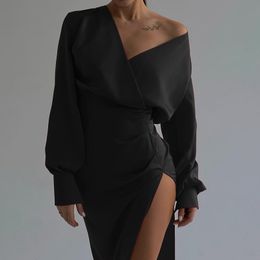 Basic Casual Dresses Black Midi Dress Off Shoulder Long Women Autumn Winter High Split Bodycon Streetwear Sleeve White Party 230921