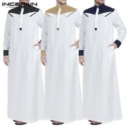 INCERUN Muslim Men Arab Islamic Kaftan Patchwork Stand Collar Abaya Long Sleeve Fashion Saudi Arabia Men Jubba Thobe Plus Size207t