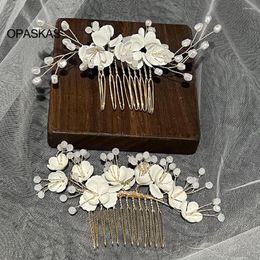 Hair Clips Flower Hairpins Combs For Women Leaf Shaped Pearl White Alloy Girls Daily Headpiece Bride Wedding Jewellery