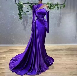 Evening Dresses Purple Prom Party Gown Formal New Satin Custom Plus Size Zipper Lace Up Flowers Mermaid High Neck Long Sleeve Beaded