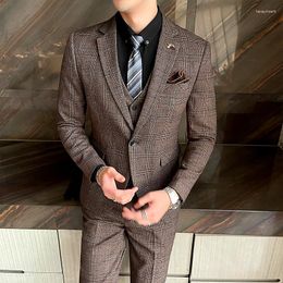 Men's Suits Blue Striped Plaid 3 Piece Set Men ( Jacket Vest Pants) Gray Brown Wedding Party Slim Fit Mens High Quality Blazers S-5XL