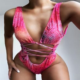 Summer Deep V Swimsuits Digital Printed Sexy Sepentine One Piece Swimwear New Arrival 4 Colors287I