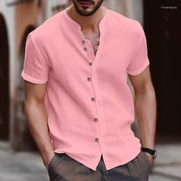 Men's Casual Shirts 2023 V-Neck Solid Cotton Linen Short Sleeve Shirt Summer Men S-3XL