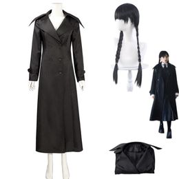 Anime Costumes American TV Series Wednesday Addams Cosplay Costume Wig Long Windbreaker Coat Adult Children Man Woman Daily Suit
