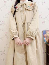 Women's Trench Coats Japanese Style Sweet Embroidery Doll Collar Coat Autumn Loose Casual Jacket