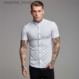 Men's Dress Shirts New Summer Mens Short Sleeve Shirt Solid Fitness Mens Stand Collar Super Slim Fit Business Dress Shirts Button Gym Tees Tops L230921