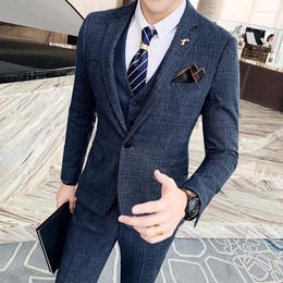Men's Suits (Jacket Vest Pants) Brand Classic Plaid Slim Business Formal Occasion Fall Korean Fashion Blazer Pants Banquet Groom Dress