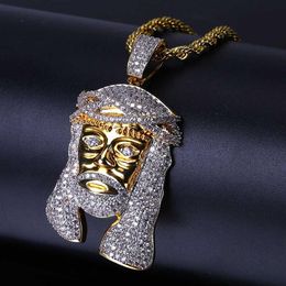 Hip Hop Iced Out All CZ Stone Gold Plated Jesus Mask Pendant Necklace with Rope Chains Bling Jewellery Gift for Mom2365