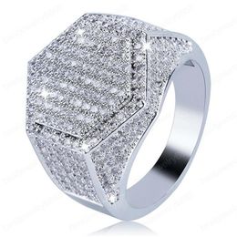 Hexagon Ring For Men Top Quality Trendy HipHop Jewelry 18K Gold Plated Bling Ice Out CZ Hip Hop Rings209e