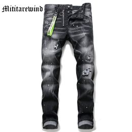 Mens Jeans Spring Fashion Black High Street Wild Style Pants Hip Hop Straight Hole Ripped Zipper Design Casual Trousers 230920