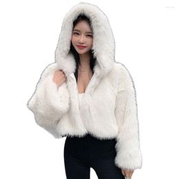 Women's Fur Hooded Short Faux Coat Women White Winter Jackets For 2023 In Outerwears Cardigan Plush Jacket Fluffy Clothing