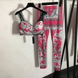 Fashion Lace Camisole Stretch Pants Women Yoga Set Sexy Vintage Print Strapless Tops Slim Leggings Tracksuit