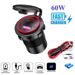 Cell Phone Chargers 60W PD Type C/QC 3.0 USB Car Charger with Switch Socket Power Outlet Adapter Waterproof For 12V 24V Car Truck Boat RV Motorcycle 230920