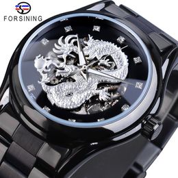 Forsining Silver Dragon Skeleton Automatic Mechanical Watches Crystal Stainless Steel Strap Wrist Watch Men's Clock Waterproo337K