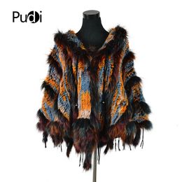 Womens Fur Faux Fur CK708 Real Knitted Rabbit Shawl Poncho Stole With Tassels Shrug Cape Robe Tippet Wrap With Raccoon Fur Collar Women 230920