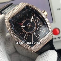 Men's Collection New Saratoge Yachting V45 SC DT Black Dial Automatic Mens Watch Rose Gold Case Diamond Bezel Leather Strap 42845