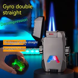 New Gyro Lighter Iated Gas Butane Luminous Lighter Metal Windproof Double Jet Torch Lighter Smoking Accessories Men Gadgets