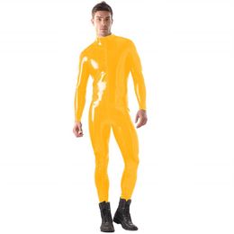 Plus Size S-6XL Men Wetlook PVC Bodycon Jumpsuit Front Zipper Zentai Long Sleeve Cosplay Catsuit Halloween Performance Costume318L