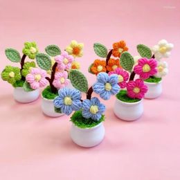 Decorative Flowers Handwoven Finished Small Potted Yarn Crochet Simulation Flower Tabletop Coloured Puffy Plant Car Decoration